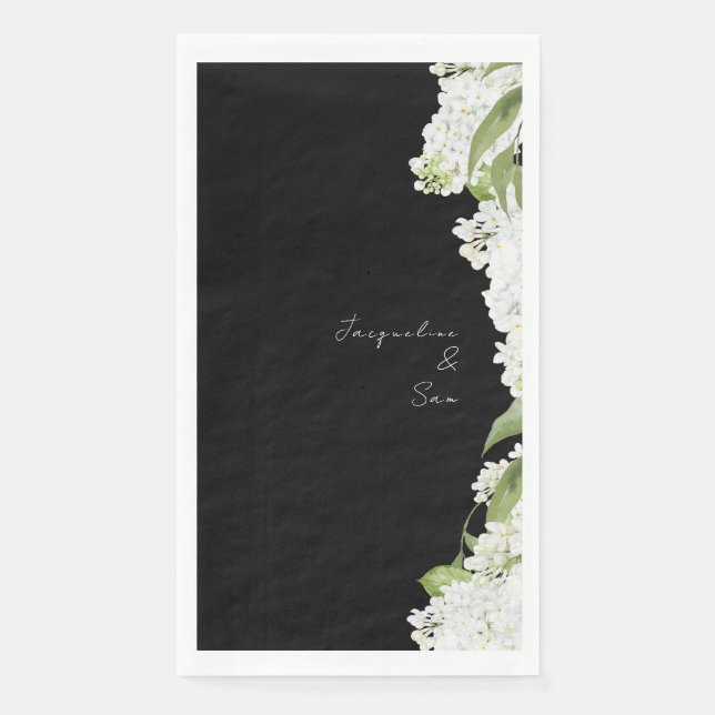 Schwarz-weiße Hydrangeas-Hochzeitsschrift Serviette (Vorderseite)