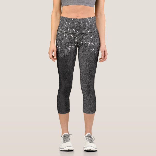 Schwarz-weiße Imitate Glitzern rustikales Holz Capri Leggings (Vorderseite)