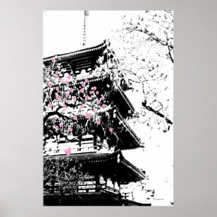 Schwarz/Weiße japanische Pagode mit Kirschblüten-K Poster