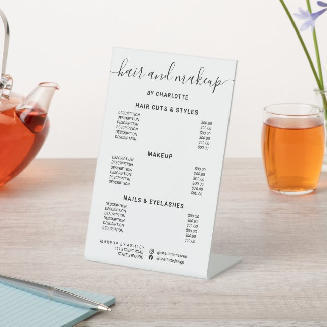 Schwarz-weiße Kalligrafie-Friseursalonpreise Sockelschild (In SItu)