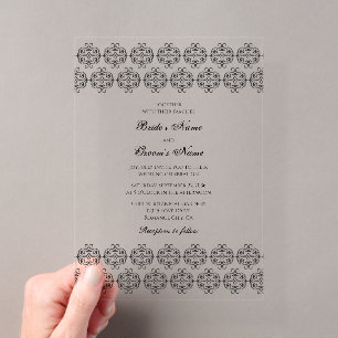 Schwarz-Weiße Kalligrafie Vintage-Damask-Hochzeit Acryleinladungen