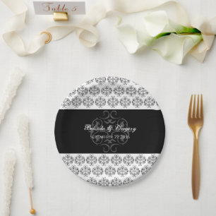 Schwarz-weiße Kalligrafie Vintage-Damask-Hochzeit Pappteller