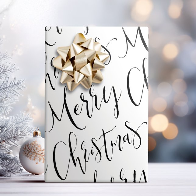 Schwarz-Weiße Kalligrafie zum frohen Weihnachtsfes Geschenkpapier (Black And White Merry Christmas Calligraphy Wrapping Paper)