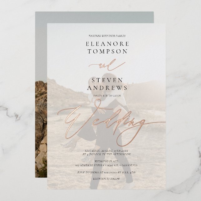 Schwarz-weiße Kalligraphie 2 Foto Minimalistische  Folieneinladung (Vorderseite/Rückseite)