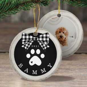 Schwarz-weiße Karierte Paw Print Pet Foto Holz Sli Keramik Ornament