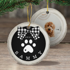 Schwarz-weiße Karierte Paw Print Pet Foto Holz Sli Keramik Ornament