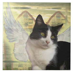 schwarz-weiße Katzen-Engelsflügel im Vintage-Stil  Fliese