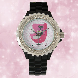 Schwarz-weiße Katzen Vintag rosa Stuhl Diamant Col Armbanduhr
