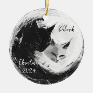 Schwarz-weiße Katzen Ying Yang Personalisierte Orn Keramik Ornament