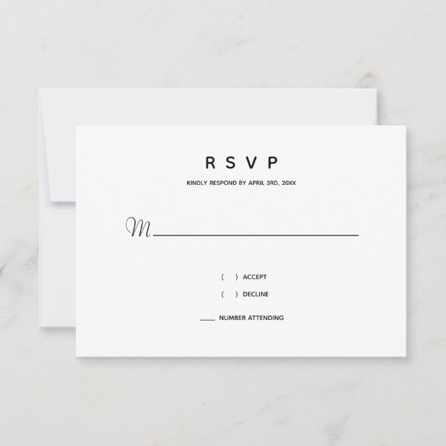 Schwarz-weiße Kleinstschrift für Hochzeiten RSVP Karte (Vorderseite)