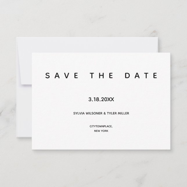 Schwarz-weiße Kleinstschrift für Hochzeiten Save The Date (Vorderseite)