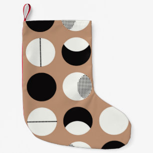 Schwarz, weiße Kreise, brauner Hintergrund. Kleiner Weihnachtsstrumpf