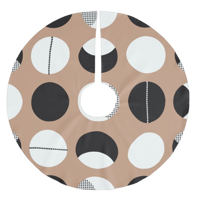 Schwarz, weiße Kreise, brauner Hintergrund. Polyester Weihnachtsbaumdecke (Vorderseite)