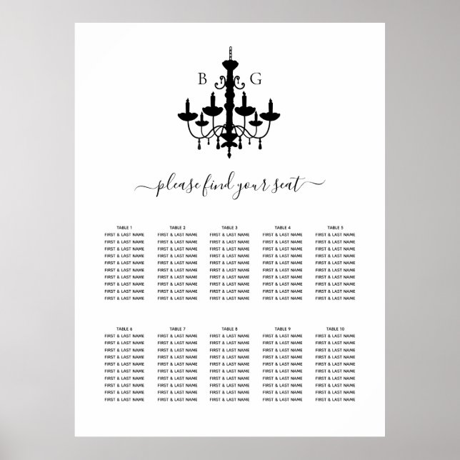Schwarz-weiße Kronleuchter-Hochzeitstabelle Poster (Vorne)