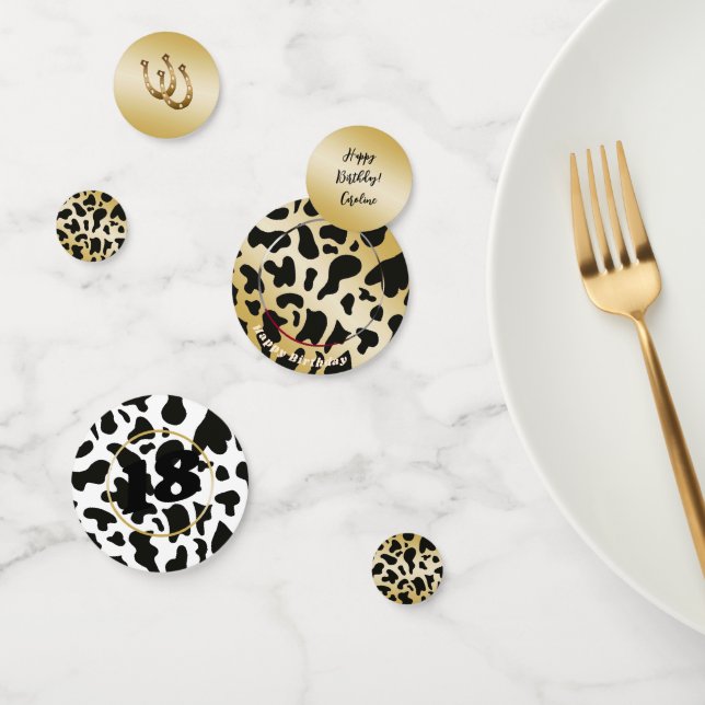 Schwarz-weiße Kuhhaut mit Gold, Hufeisen und Foto Konfetti (Gruppe)