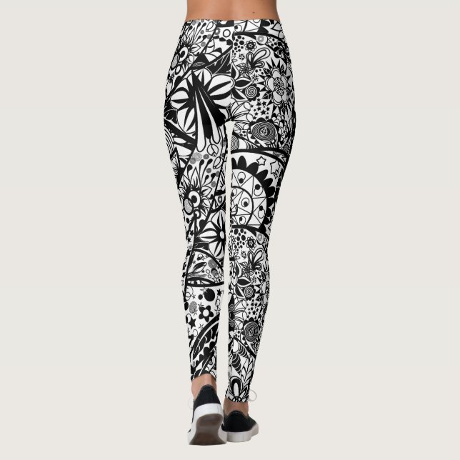 Schwarz-weiße Leggings Frühlingsfloral (Rückseite)