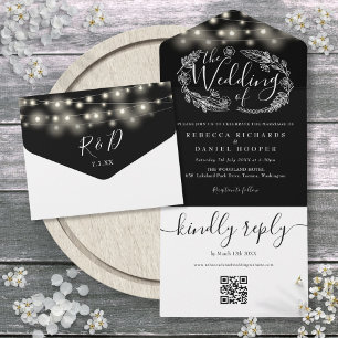 Schwarz-Weiße Lichterketten QR-Code-Hochzeit All In One Einladung
