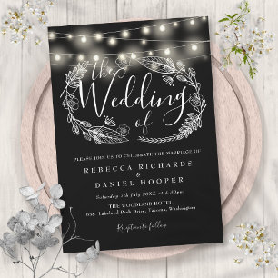 Schwarz-Weiße Lichterketten Schrift Hochzeit Einladung