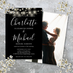 Schwarz-weiße Lichterketten-Skript-Foto-Hochzeit  Einladung