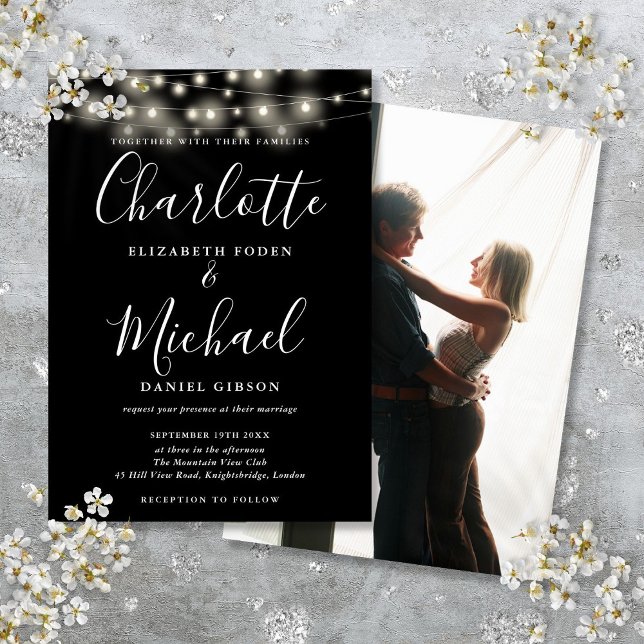 Schwarz-weiße Lichterketten-Skript-Foto-Hochzeit  Einladung (Black White String Lights Script Photo Wedding Invitation)