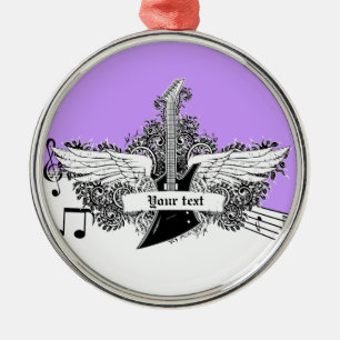 Schwarz-weiße lila Gitarre mit Flügeln Ornament Aus Metall