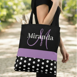 Schwarz-weiße Lila Monogram Script Polka Dots