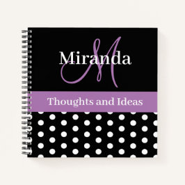 Schwarz-weiße Lila Monogram Script Polka Dots Notizbuch