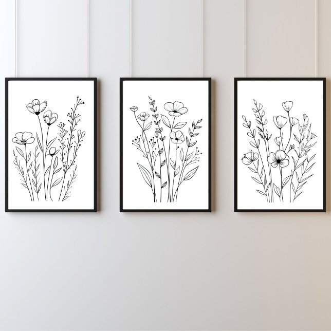 Schwarz-weiße Linie Gezeichnet Florals Set 3 Wall  (Black White Line Drawn Florals Wall Art, Set of three prints)