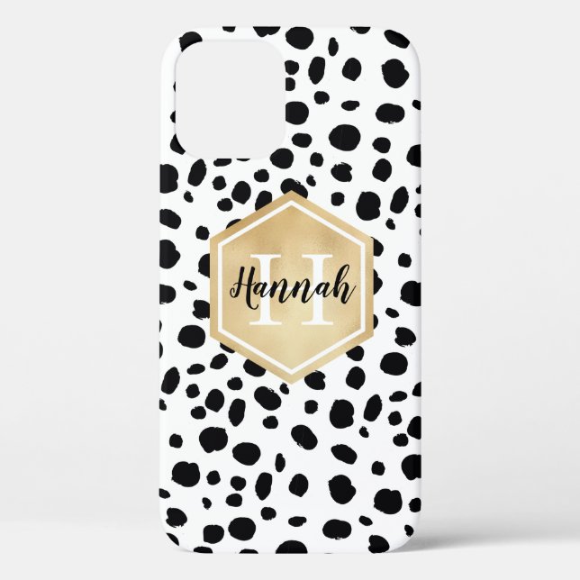 Schwarz-weiße Lochmuster-Gold-Monogramm Case-Mate iPhone Hülle (Rückseite)