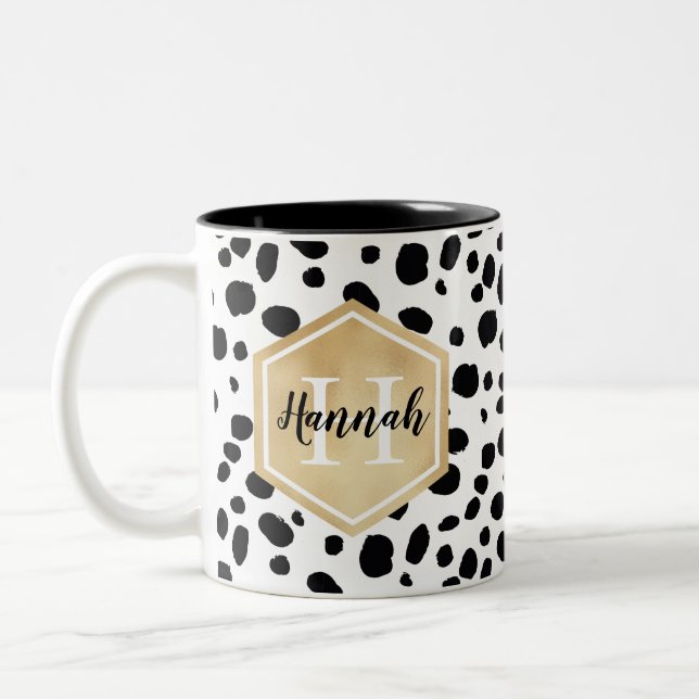 Schwarz-weiße Lochmuster-Gold-Monogramm Zweifarbige Tasse (Links)