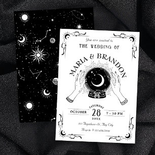 Schwarz-weiße Magie-Mond-Kristallkugel-Hochzeit Einladung