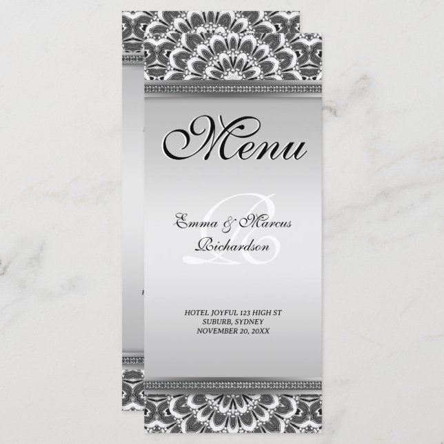 Schwarz-weiße Mandala Wedding Menu Card Menükarte (Vorne/Hinten)