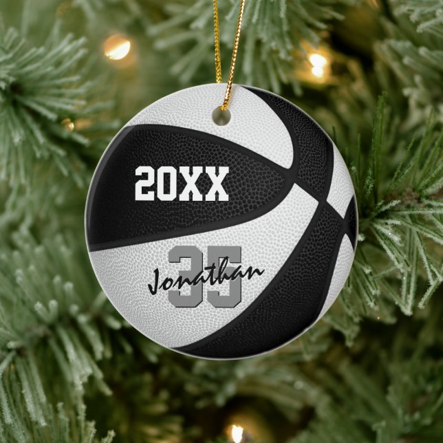 Schwarz-weiße Mannschaftsfarben Basketballmemento Keramik Ornament (Baum)