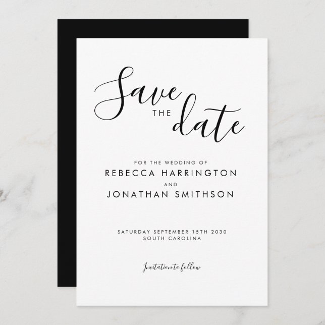 Schwarz-weiße Minimale Hochzeit Save the Date (Vorne/Hinten)