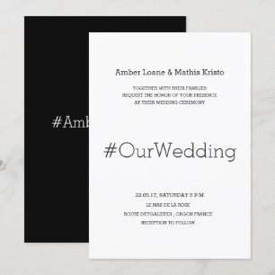 Schwarz-weiße Minimalistische Hashtag-Hochzeit Einladung