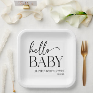 Schwarz-weiße Minimalistische Hello Baby Dusche Pappteller