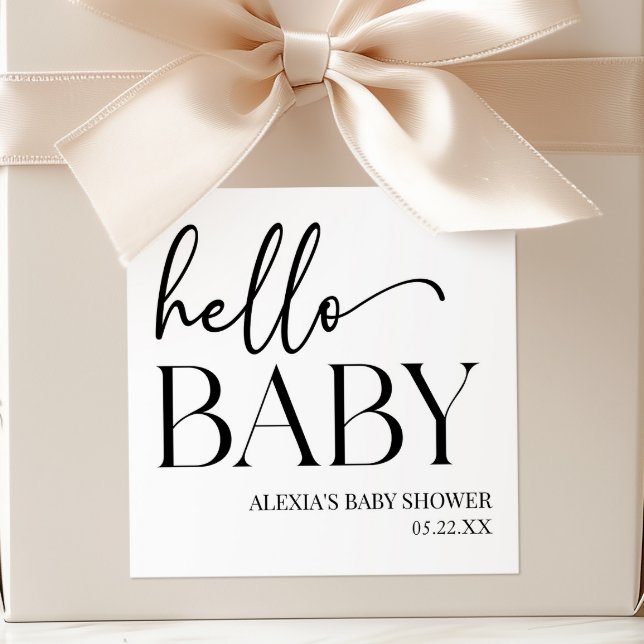 Schwarz-weiße Minimalistische Hello Baby Dusche Quadratischer Aufkleber (Von Creator hochgeladen)
