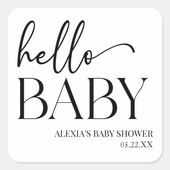 Schwarz-weiße Minimalistische Hello Baby Dusche Quadratischer Aufkleber (Vorderseite)