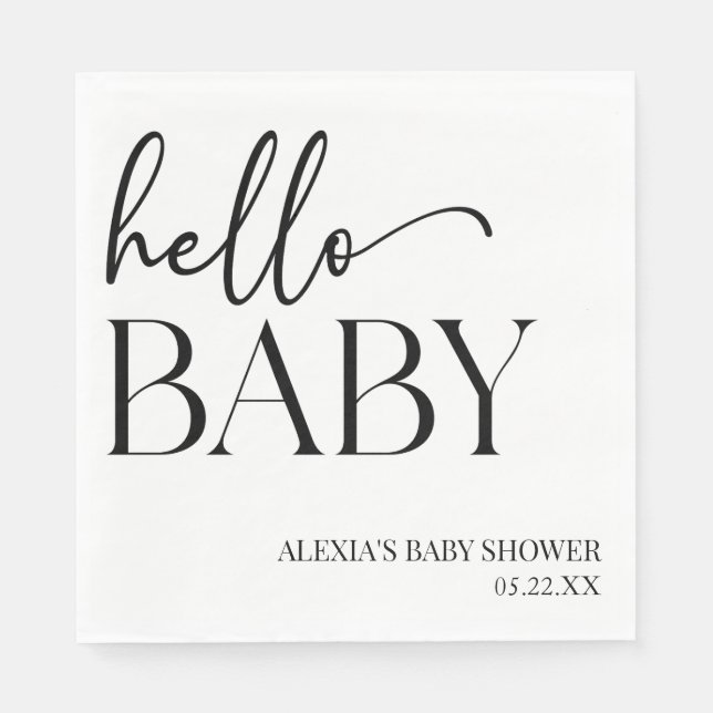 Schwarz-weiße Minimalistische Hello Baby Dusche Serviette (Vorderseite)