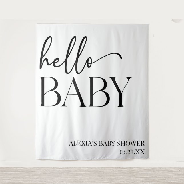 Schwarz-weiße Minimalistische Hello Baby Dusche Wandteppich (Vorderseite)