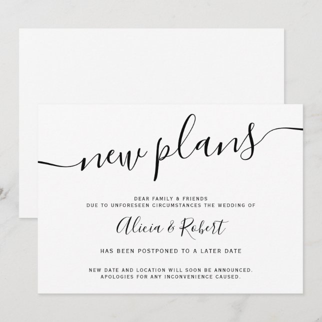 Schwarz-weiße Minimalschrift verschoben neue Pläne Einladung (Vorne/Hinten)