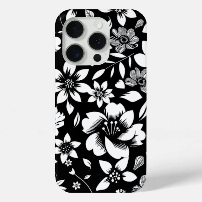 Schwarz-weiße, moderne Blätter mit Blumenmuster Case-Mate iPhone Hülle (Rückseite)
