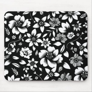 Schwarz-weiße, moderne Blätter mit Blumenmuster Mousepad