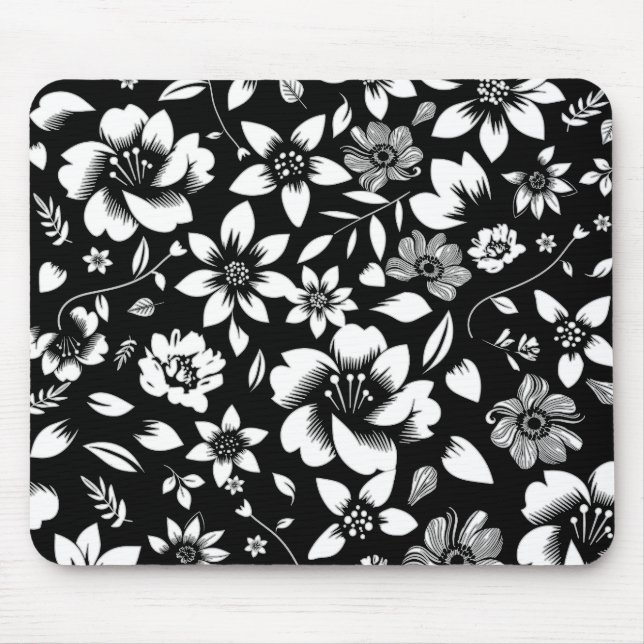Schwarz Weiße Moderne Florale Blätter Fliegende Dr Mousepad (Vorne)