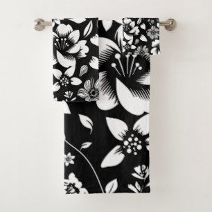 Schwarz Weiße Moderne Florale Blätter Wehen Badhandtuch Set