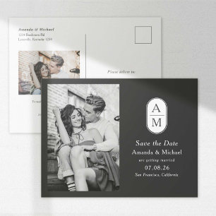 Schwarz-weiße moderne Initialen Fotos Save the Dat Ankündigungspostkarte