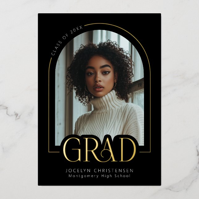 Schwarz-weiße moderne Minimal Grad Foto Gold Foil Folieneinladung (Vorderseite)