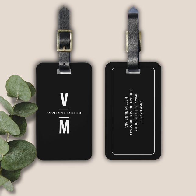 Schwarz-weiße, moderne Minimal Monogram kundenspez Gepäckanhänger (Black White Simple Modern Minimal Monogram Custom Luggage Tag)