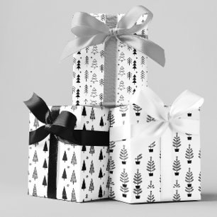 Schwarz Weiße Monochrome Weihnachtsbäume Minimal  Geschenkpapier Set