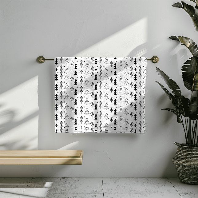 Schwarz-weiße monochrome Weihnachtsbaumen Minimal Badhandtuch Set (Von Creator hochgeladen)